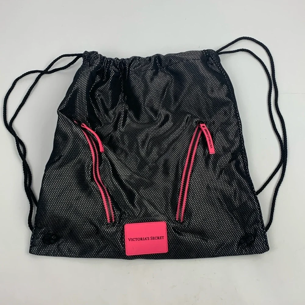 Victoria’s Secret Cinch Bag Black Bright Pink  Drawstrings 2 Zip Pockets